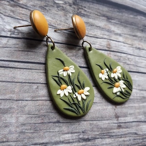 Mustard yellow and green large dangle earrings, Flower stud earrings, Boho polymer clay earrings, 21th Birthday gift for girlfriend for mom image 5