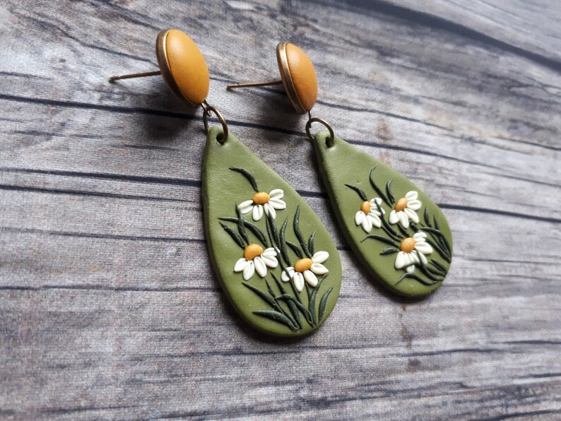 Mustard yellow and green large dangle earrings, Flower stud earrings, Boho polymer clay earrings, 21th Birthday gift for girlfriend for mom image 5