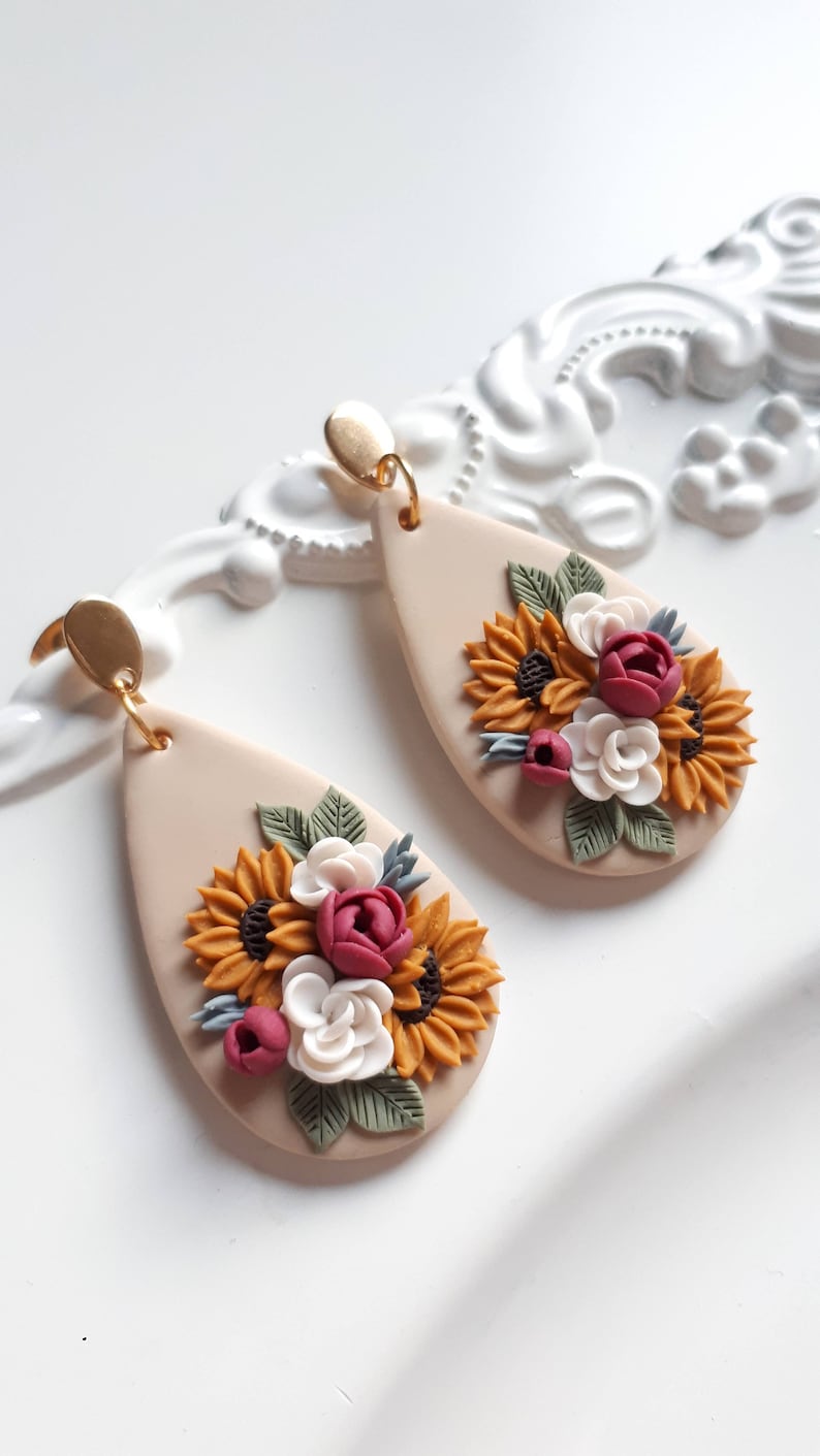 Sunflower Clay Earrings Sunflower Statement Earrings Etsy