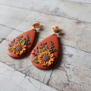 Nature Sunflower earrings, Sunflower Clay earrings, boho polymer clay earrings, flower dangle earrings, Sunflower Mother's day gift for image 8