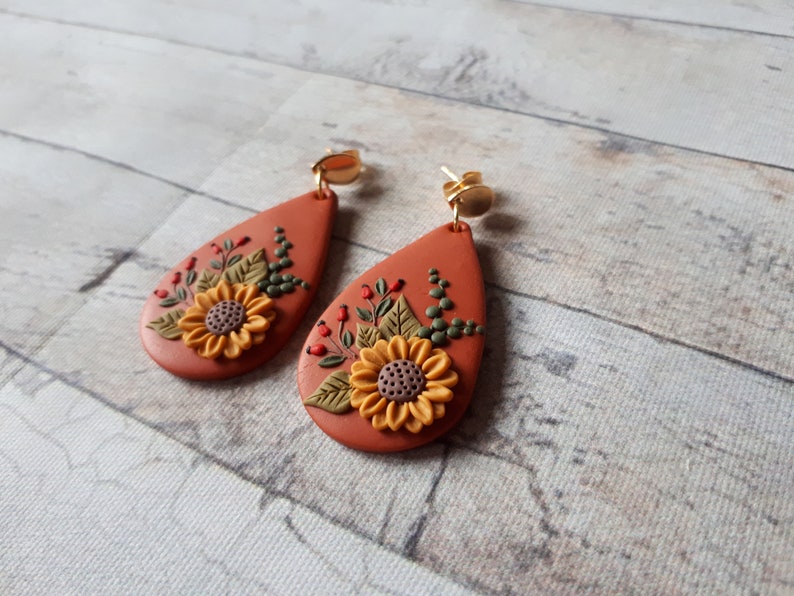 Nature Sunflower earrings, Sunflower Clay earrings, boho polymer clay earrings, flower dangle earrings, Sunflower Mother's day gift for image 8