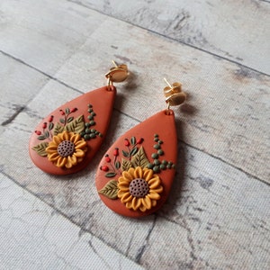 Nature Sunflower earrings, Sunflower Clay earrings, boho polymer clay earrings, flower dangle earrings, Sunflower Mother's day gift for image 9