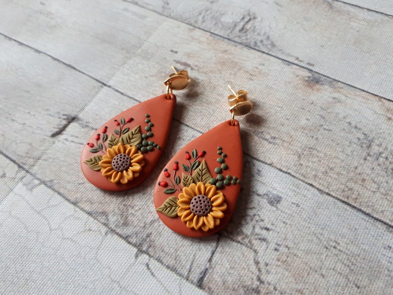 Nature Sunflower earrings, Sunflower Clay earrings, boho polymer clay earrings, flower dangle earrings, Sunflower Mother's day gift for image 9