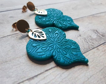 Large Boho earrings, Turquoise polymer clay earrings, Ethnic bohemian earrings, Large leaf earrings, Boho statement earrings