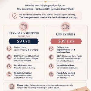 May include: An informational graphic titled SHIPPING TO THE USA featuring two shipping options: Standard Shipping at $9 USD with a 2-3 week delivery time, and UPS Express at $39 USD with a 3-5 business day delivery time, both marked as DDP.