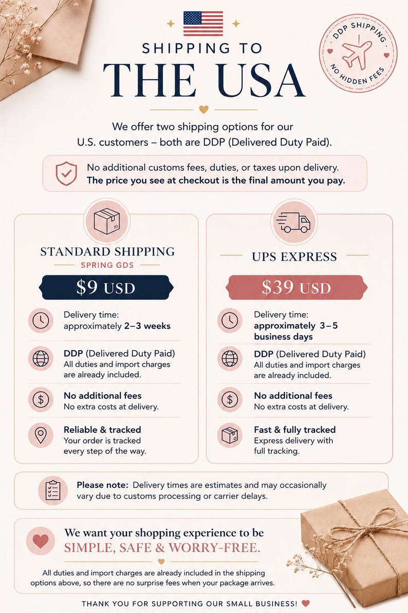 May include: An informational graphic titled SHIPPING TO THE USA featuring two shipping options: Standard Shipping at $9 USD with a 2-3 week delivery time, and UPS Express at $39 USD with a 3-5 business day delivery time, both marked as DDP.