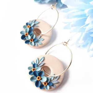 Tiny circle earrings, polymer clay blue floral earrings with hoops, birthday gift for her, wedding earrings