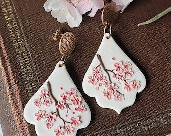 Sakura earrings, Polymer clay Cherry blossom earrings for Mom, Dangle clay earrings, Mothers Day gift, Wedding earrings for bride