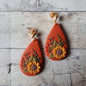Nature Sunflower earrings, Sunflower Clay earrings, boho polymer clay earrings, flower dangle earrings, Sunflower Mother's day gift for image 7