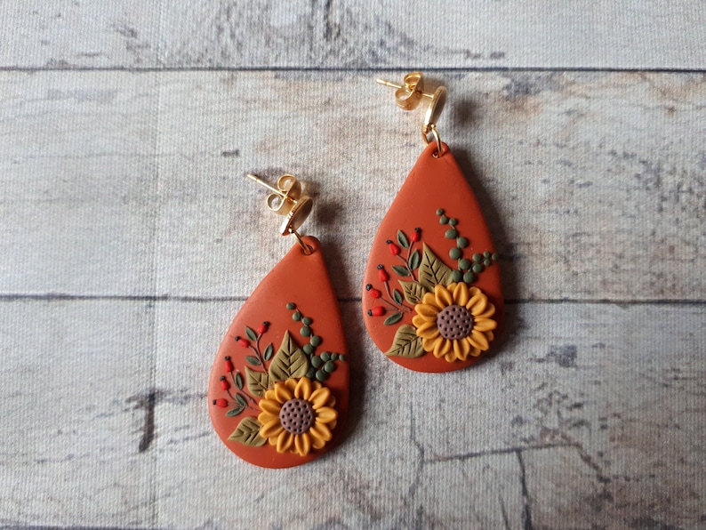 Nature Sunflower earrings, Sunflower Clay earrings, boho polymer clay earrings, flower dangle earrings, Sunflower Mother's day gift for image 7