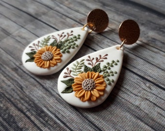 Pendientes Boho Girasol, Pendientes de arcilla, Pendientes de arcilla polimérica Joyería de girasol Pendientes de cumpleaños Regalo del día de las madres, pendientes para mamá