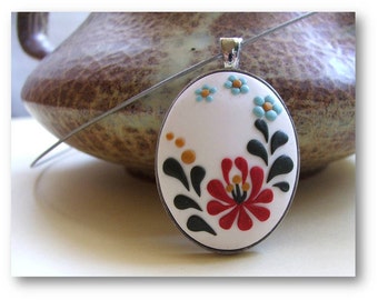 Folk Art Jewelry, Tulip Flower Necklace, Polymer Clay Necklace, Hungarian Folk Art Jewelry