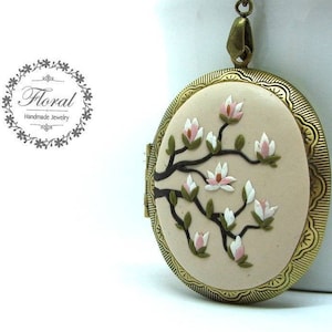 Magnolia Tree Locket Necklace, Vintage Style Polymer Clay