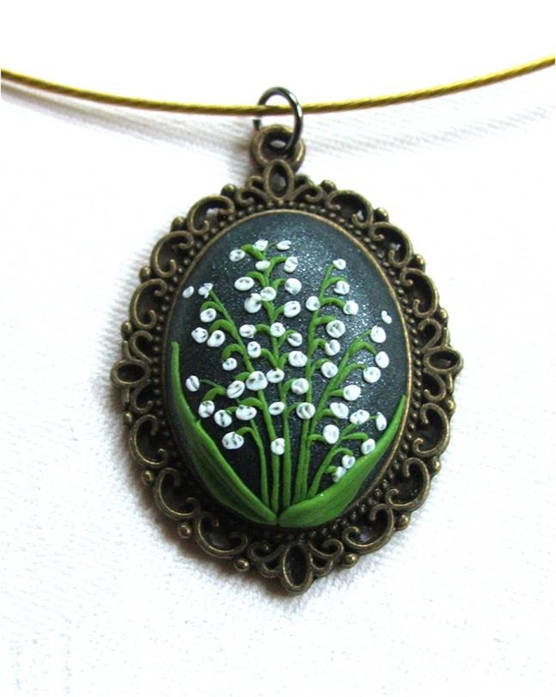 Lily of the valley Jewelry Flower Polymer Clay Jewelry Jewelry made with Flowers Spring Flower Pendant Green, White image 2