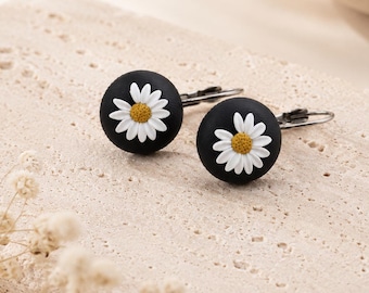Handmade Daisy Flower Dangle Earrings, Polymer Clay, Silver Tone