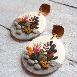 Boho succulent earrings, clay cactus earrings, polymer clay dangle earrings with succulent, birthday gift for cactus lover