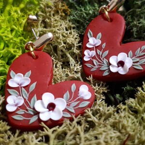 Valentine's Day earrings gift Red Heart polymer clay stud earrings with clay white florals, Valentine's Day gift for her image 5