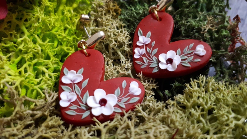 Valentine's Day earrings gift Red Heart polymer clay stud earrings with clay white florals, Valentine's Day gift for her image 5