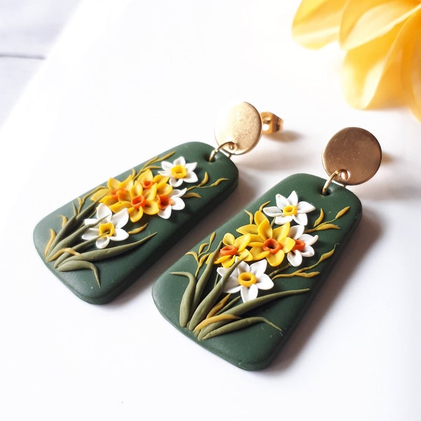 Moss green daffodil dangle earrings, March birthflower jewelry, Polymer clay earrings, flower earrings Daffodil earrings for mom birthday