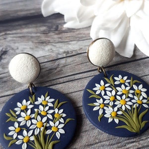 Large Daisy Dangle Polymer Clay Earrings, Mom Christmas gift from daughter, Wife gift image 4