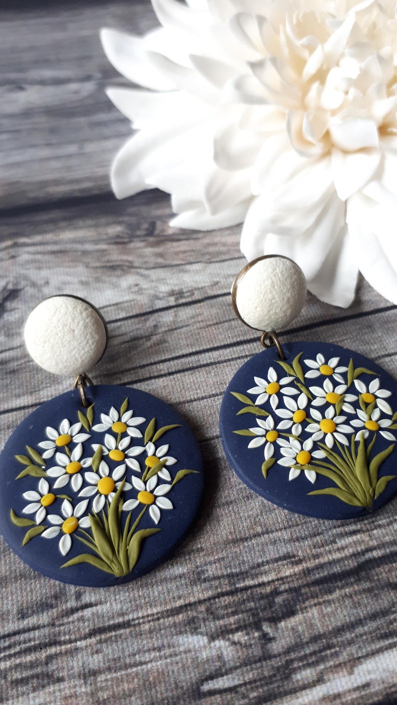 Large Daisy Dangle Polymer Clay Earrings, Mom Christmas gift from daughter, Wife gift image 4
