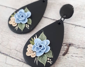 Black polymer clay earrings with blue floral detail, Mother's day gift