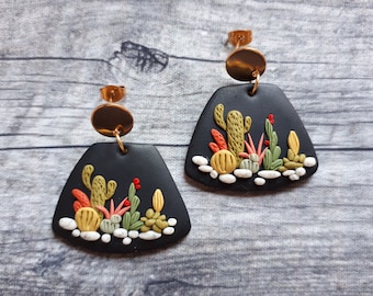 Cactus earrings, clay succulent earrings, polymer clay dangle earrings with cactus, birthday gift for cactus lover