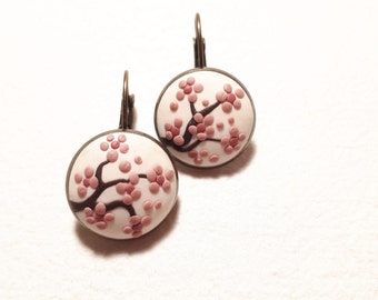 Pink Cherry Blossom Earrings | Valentines Day Clay Earrings, Floral Dangle Clay Earrings, Floral Polymer Clay Earrings