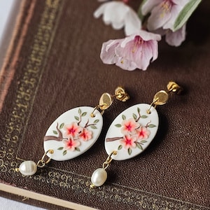 Clay Sakura earrings, oriental cherry Stud earring, Dangle and drop earrings, spring gift for her, Mothers day gift, Cherry blossom earrings