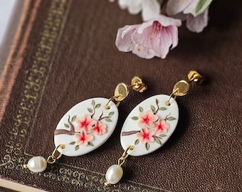 Clay Sakura earrings, oriental cherry Stud earring, Dangle and drop earrings, spring gift for her, Mothers day gift, Cherry blossom earrings