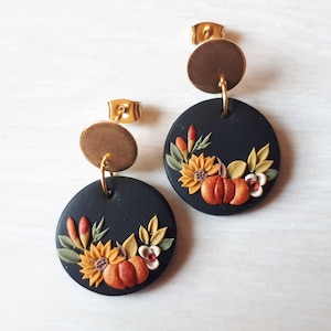 Vintage Floral Tropfen Ohrringe, Herbst Kürbis und Sonnenblume Statement Ohrringe, Fimo Ohrringe, Boho Herbst Schmuck