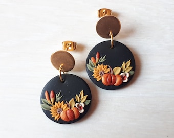 Vintage Floral Drop Earrings, Fall Pumpkin and Sunflower Statement Earrings, Polymer Clay Earrings, Boho Autumn jewelry