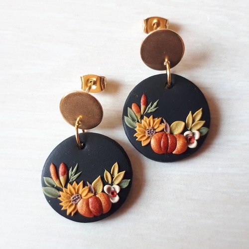 Polymer Clay Fall Earrings With Pumpkin and Sunflower Boho Etsy