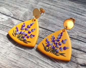 Fall color Lavender Floral Earrings, Mustard yellow clay earrings for lavender lover, Lavender Birthday gift