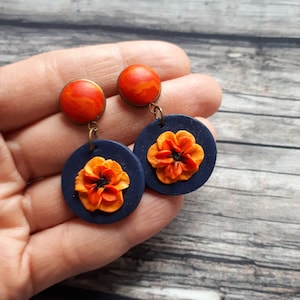 Vibrant orange flower earrings, Clay earrings, Dark blue and orange dangle polymer clay earrings, Statement earrings for Christmas Gift