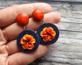 Vibrant orange flower earrings, Clay earrings, Dark blue and orange dangle polymer clay earrings, Statement earrings for Christmas Gift