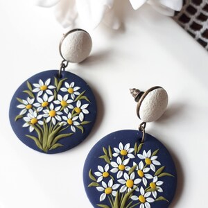 Large Daisy Dangle Polymer Clay Earrings, Mom Christmas gift from daughter, Wife gift image 2