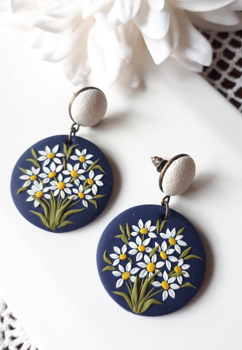 Large Daisy Dangle Polymer Clay Earrings, Mom Christmas gift from daughter, Wife gift image 2