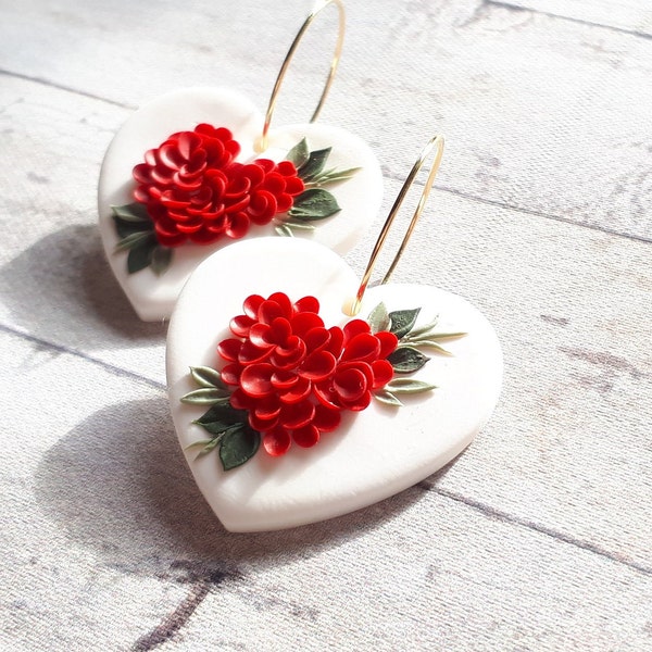 Valentine's Day earrings with hoop, Polymer clay Heart earrings with red florals, romantic clay earrings with hoop