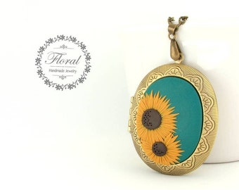 Sunflower necklace for Mom, turquoise Necklace with 2 photo, Secret message large oval locket necklace, Personalized Mothers Day gifts Nana