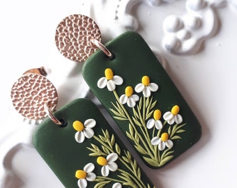 Polymer clay Daisy Drop Stud Earrings, Delicate Dainty Dangle Daisy Flower Earrings