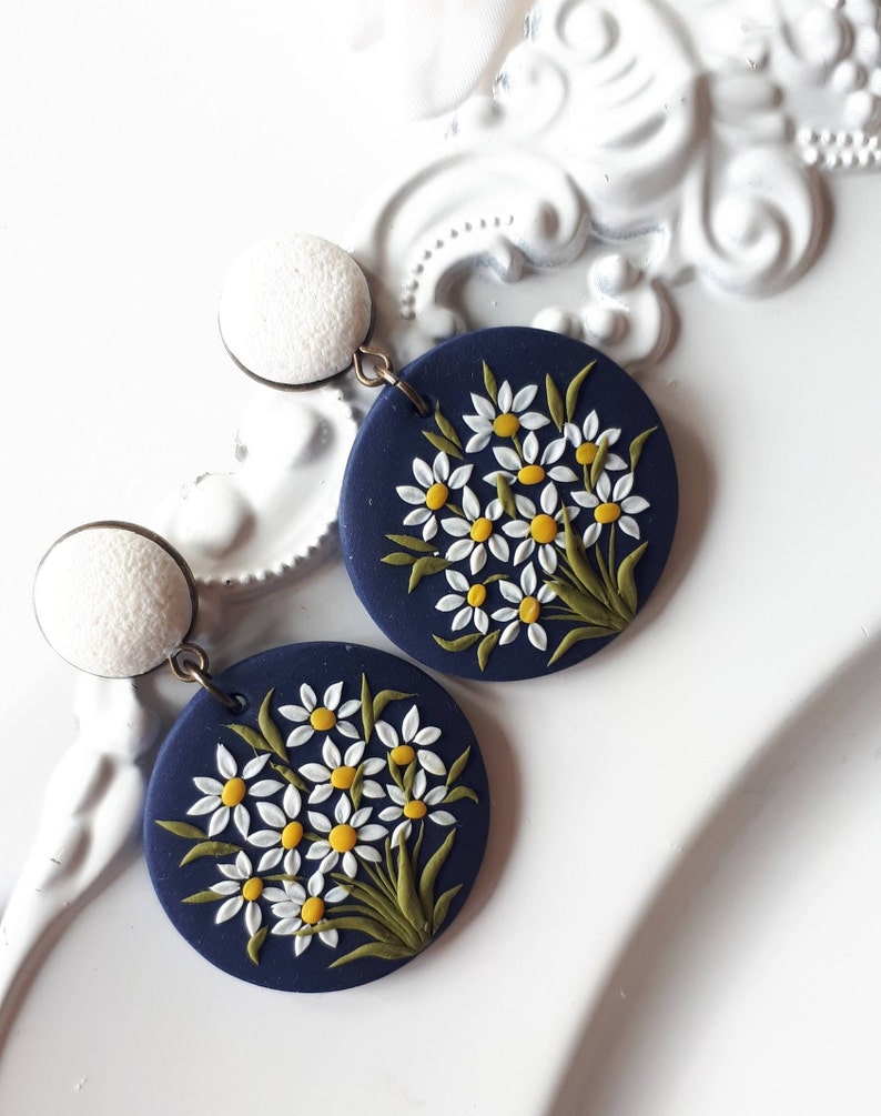 Large Daisy Dangle Polymer Clay Earrings, Mom Christmas gift from daughter, Wife gift image 6