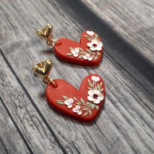 Valentine's Day earrings gift Red Heart polymer clay stud earrings with clay white florals, Valentine's Day gift for her image 3