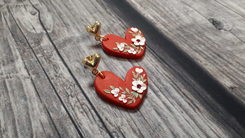 Valentine's Day earrings gift Red Heart polymer clay stud earrings with clay white florals, Valentine's Day gift for her image 3