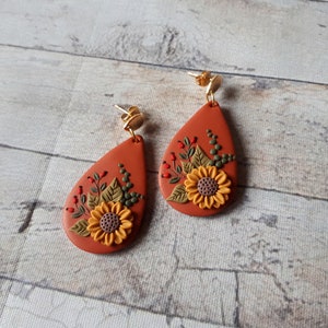 Nature Sunflower earrings, Sunflower Clay earrings, boho polymer clay earrings, flower dangle earrings, Sunflower Mother's day gift for image 5