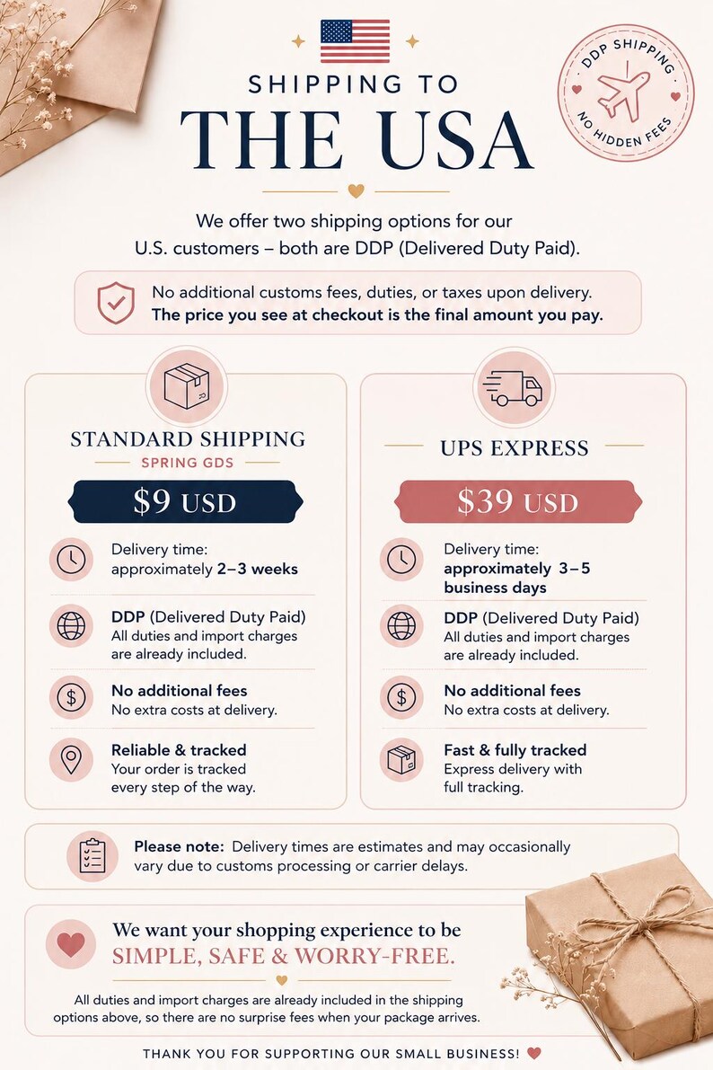 Peut inclure: Un graphique informatif intitul&eacute; SHIPPING TO THE USA pr&eacute;sentant deux options d'exp&eacute;dition : Standard Shipping &agrave; 9 USD avec un d&eacute;lai de 2-3 semaines, et UPS Express &agrave; 39 USD avec un d&eacute;lai de 3-5 jours ouvrables, toutes deux marqu&eacute;es DDP.
