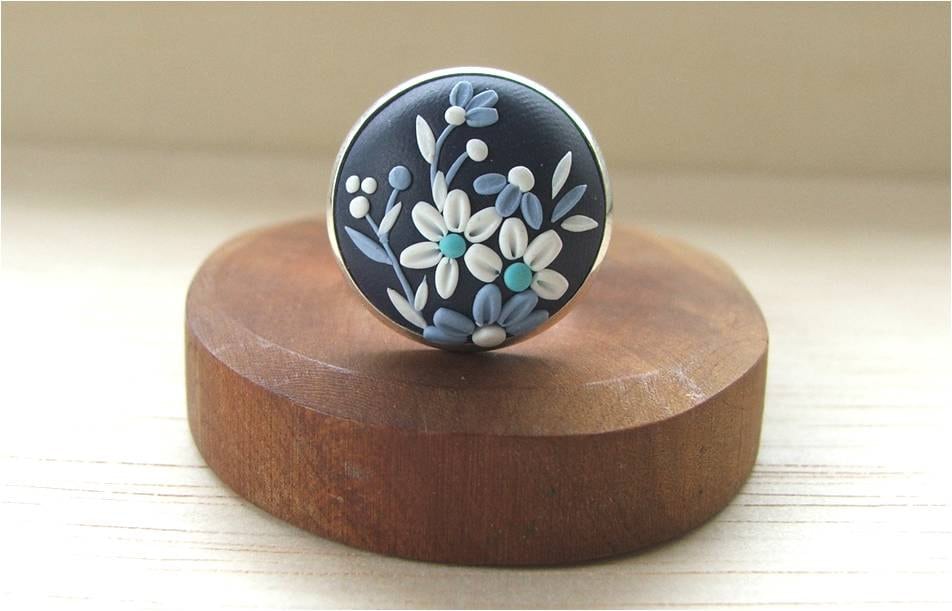 Blue Statement Ring White Floral Ring Adjustable Ring Cocktail | Etsy