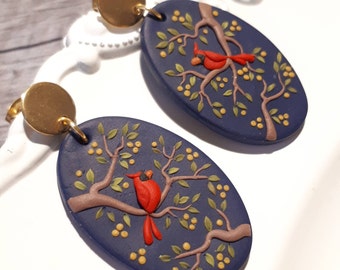Red cardinal earrings, Dangle cardinal birds polymer clay earrings, Valentine's Day gift for cardinal lover, bird clay earrings