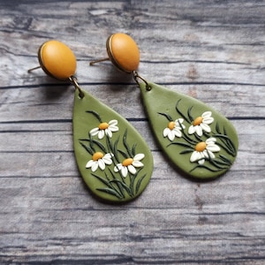 Mustard yellow and green large dangle earrings, Flower stud earrings, Boho polymer clay earrings, 21th Birthday gift for girlfriend for mom image 1