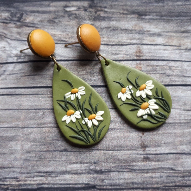 Mustard yellow and green large dangle earrings, Flower stud earrings, Boho polymer clay earrings, 21th Birthday gift for girlfriend for mom image 1